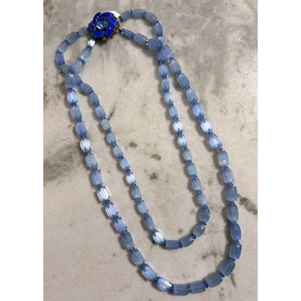 Vintage Art Deco Blue Glass Beaded Rhinestone Necklace 23in Box Clasp Statement